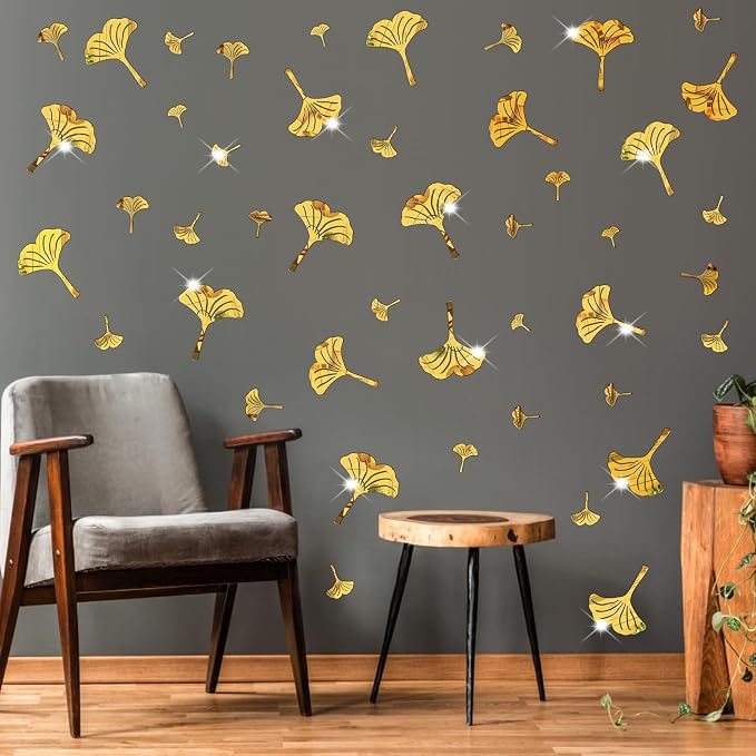 Golden Wall Leaves Decals Peel and Stick Modern Golden Acrylic Mirror Decal | Wall stickers, removable vinyl art murals, nordic plant decor, for living room bedroom bathroom kitchen farmhouse home decor by HATARU