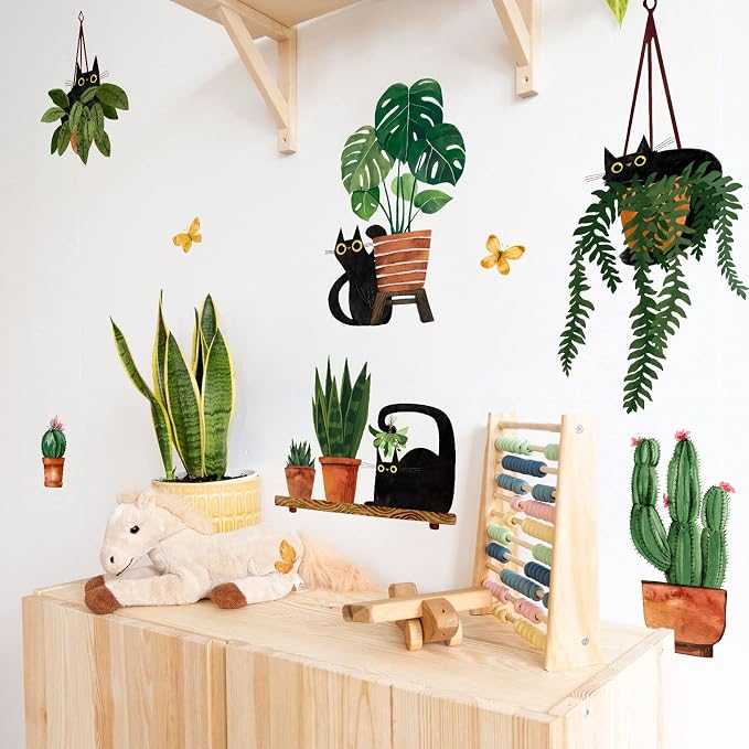 Yovkky Black Cats Potted Plant Wall Decals Stickers | Cartoon Kitty Botanical Bonsai Nursery Playroom Decor, Cactus Kids Bedroom Home Classroom Living Room Kitchen Decorations Art - Image 4