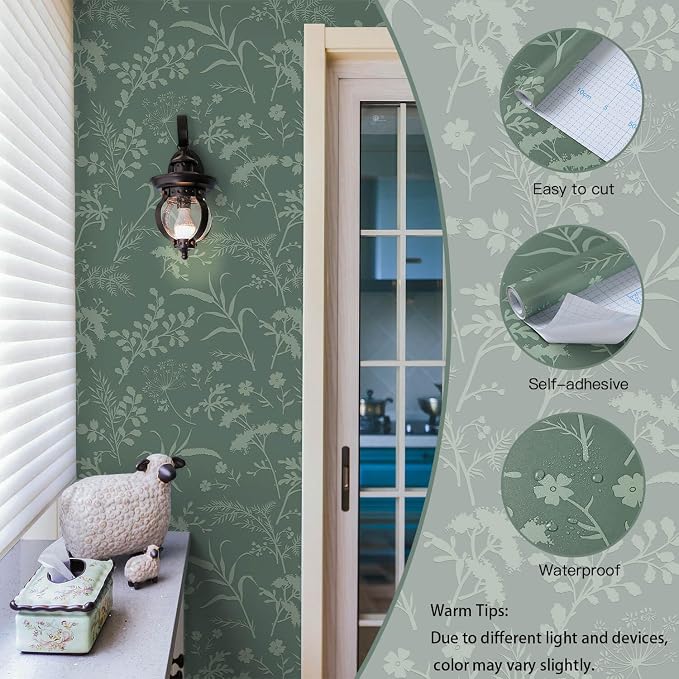 Heroad Peel and Stick Wallpaper Boho Floral Contact Paper Sage Green Leaf Wallpaper for Cabinets Waterproof Removable Self Adhesive Wall Paper for Bedroom Bathroom Decor Vinyl Roll 17.3''x78.7'' - Image 3