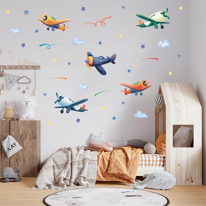 LHIUEM Airplanes Wall Decals Plane Wall Stickers for Boys Room 43PCS Watercolor Airplane Kids Party Favor Gifts Airplane Kit Wallpaper Peel and Stick Decal Cartoon Glider Planes for Nursery Playroom by LHIUEM