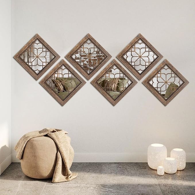 Set of 4 Boho Wall Mirrors with Carved Floral Design, 12x12 Inch Rustic Farmhouse Accent Mirrors, Vintage Style Shatterproof Square Mirror Decor for Living Room, Bedroom，Maroon - Image 7