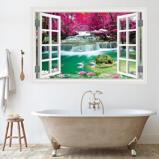 ‌Lmyhome Fake Window Wall Mural Waterfall (48"x32") | Peel and Stick Faux Window Wall Sticker Decal Poster for Bedroom Home Decor - Image 4