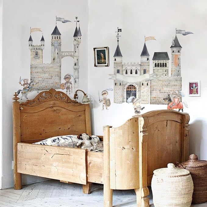 Large Knight Assembled Castle Wall Mural for Bedroom and Playroom | 64.96" x 57.09" Watercolor Castle Wall Murals, Peel and Stick Knight Wall Decals for Kids Room and Nursery by astrkiz