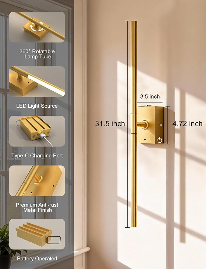 Battery Operated Wall Sconces Set of 2, Wireless Rechargeable Wall Lights | 10000mAh, Remote Control, 4CCT Dimmable, 360° Rotation, Modern Home Decor for Living Room, Bedroom, Picture Lighting, Gold - Image 4