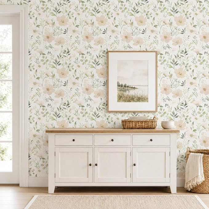 Floral Peel and Stick Wallpaper 17.7in x 70.8in | Watercolor flower removable self adhesive design for cottagecore bedroom accent walls - Image 3