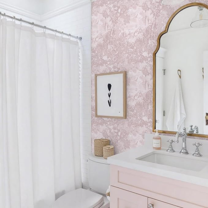Ismoon Pink Peel and Stick Wallpaper Neutral Wall Paper 17.3in×6.56ft Vintage Removable Self-Adhesive Wallpaper Animals Jungle Contact Paper for Cabinets Bathroom Walls Covering Vinyl Roll - Image 7