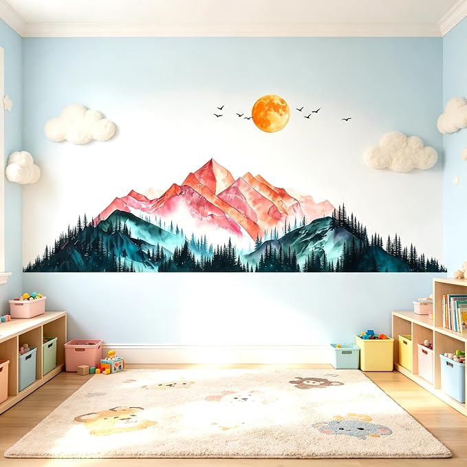 Mountain Sunset Bird Wall Decal Nature Living Room Entryway Decor Sticker | Peel and stick watercolor mountain landscape border trim, pine tree removable vinyl decor for living room bedroom entryway - Image 3