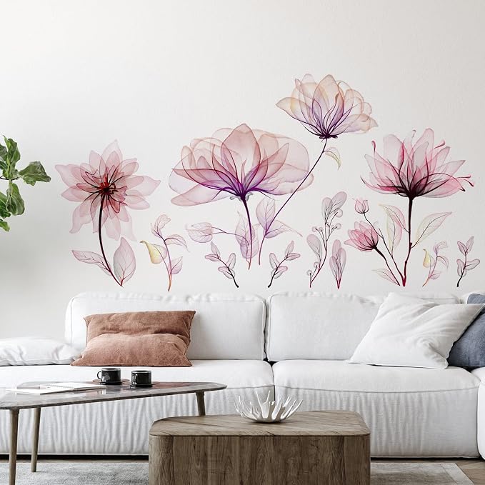 Zonon 6 Pcs Flower Wall Decals Peel and Stick Sticker, Pink Flower | Vinyl Removable Wall Stickers & Murals, Watercolor Wall Decals, Pink Flower Decor for Bedroom, Living Room, Nursery - Image 4