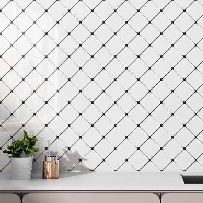 Chejiaye Peel and Stick Backsplash Tiles 10-Pack - White Geometric Self-Adhesive PVC Wall Panels, Waterproof Kitchen Backsplash Stick on Tile for Kitchen,Bathroom, Laundry Room Walls (11.8"x11.8") - Image 3