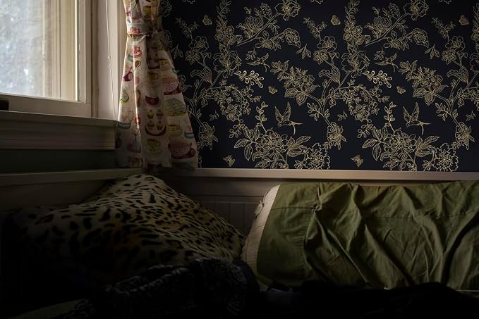 Froluya Black Gold Floral Wallpaper Peel and Stick Wallpaper 17.7in×393.7in | Dark Floral Contact Paper Peel and Stick Vintage Boho Birds Removable Self Adhesive Wallpaper for Bathroom Cabinets Vinyl - Image 3