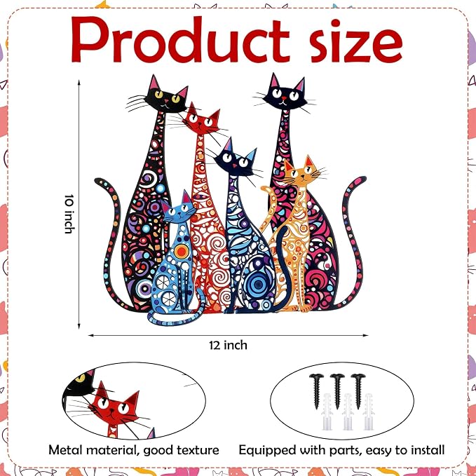 Wesiti Cat Wall Art Iron Sculptures 12x10 Inches Colorful Retro Mid Century | Metal Sign for Cat Lovers, Home Decor in Living Room Bedroom Kitchen Office, Elevated Artistic Design, Vibrant Patterns - Image 2