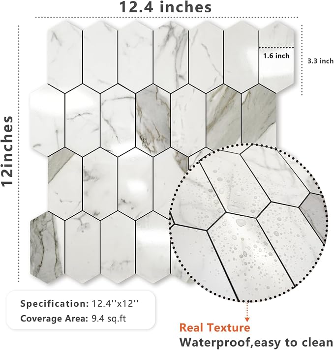 Vamos Tile Long Hexagon Peel and Stick Backsplash Tile - 10 Sheets Stick on Backsplash for Kitchen and Bathroom 12.4 x 12 Inch Glossy Carrara White PVC Self Adhesive Mosaic Wall Tiles - Image 7