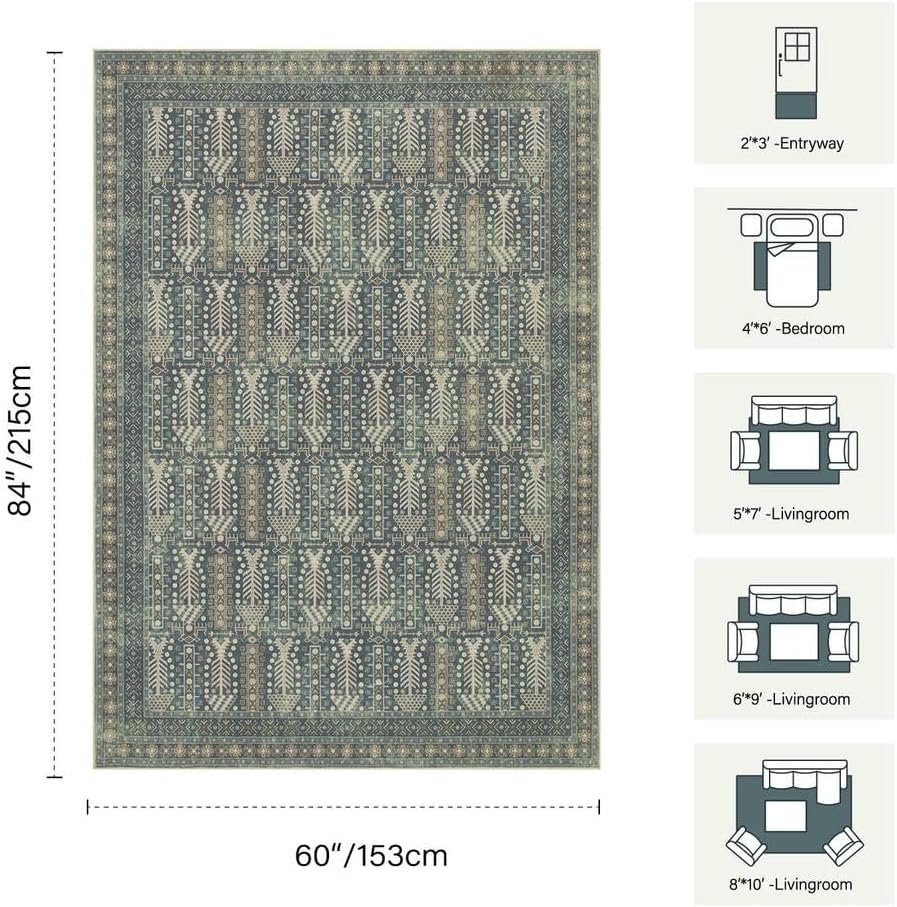Rugxara 5x7 Blue Boho Area Rug for Living Bedroom Dining - Image 2