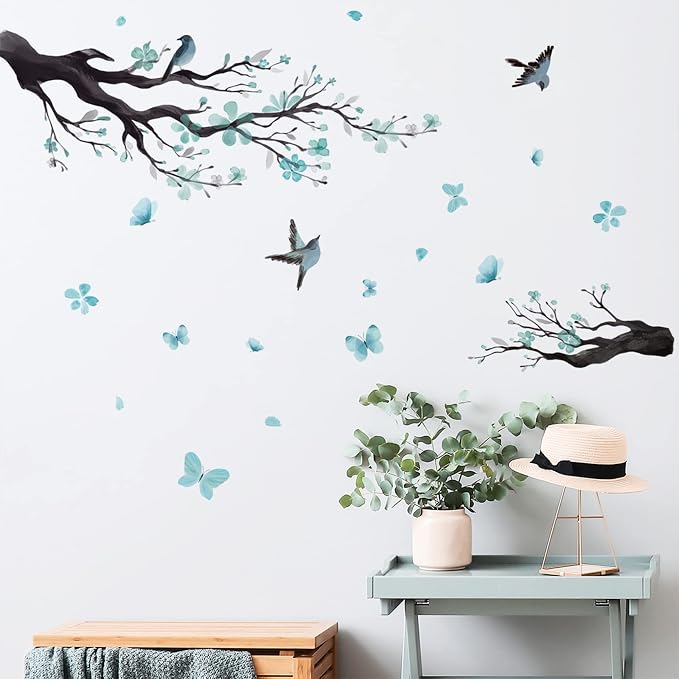 Watercolor Blue Flower Wall Stickers,Removable DIY Romantic Blossom Bird Tree Branch Wall Murals 3D Wall Art Stickers Home Decor for Gilrs Bedroom Nursery Rooms Living Room - Image 2