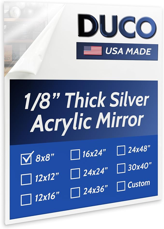Duco USA-Made Acrylic Mirror Sheet 1/8 Inch Thick 8" x 8" (with Adhesives) - Pack of 1 Silver Frameless Plastic Mirror for Walls, Home Gyms, Bathrooms, & More - Shatter-Proof Mirrored Plexiglass by DucoPlasticsSupply