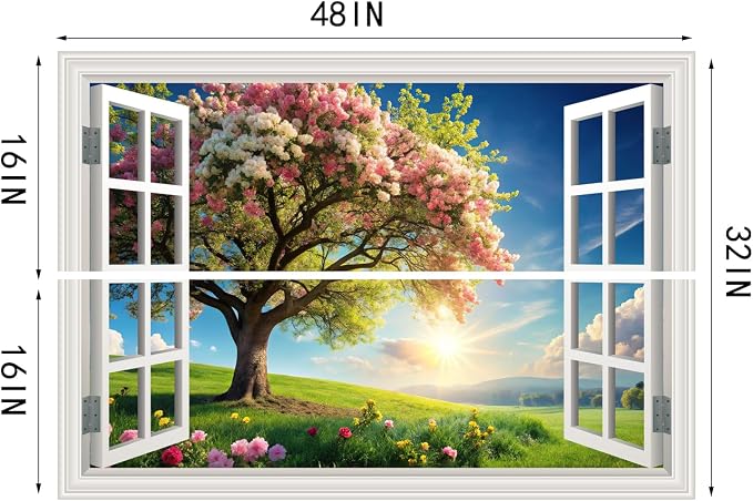 Fake Window Wall Mural Green Flowers Tree Art Poster Faux Window Wall Sticker for Office Home Room Decor, Peel and Stick Wall Decals 48" x 32" Set of 2 Sheets - Image 6