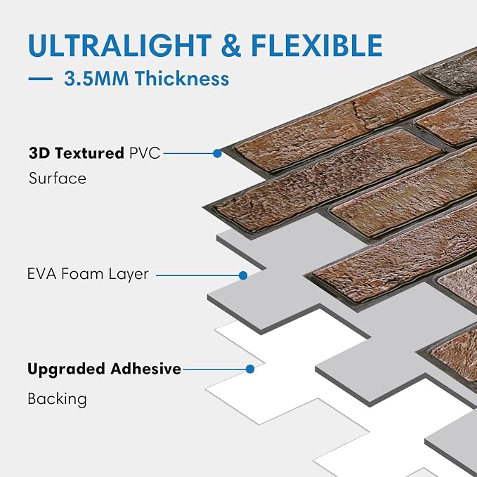 COMSTICKC 3D Brown Faux Brick Wall Panel Peel and Stick Wall Covering | 12 Pcs of 22.8" x 11.8", Not Real Brick, UrltraLight PVC Self Adhesive Brick Decorative Tile Interior, Covers 22.48 sq.ft - Image 4