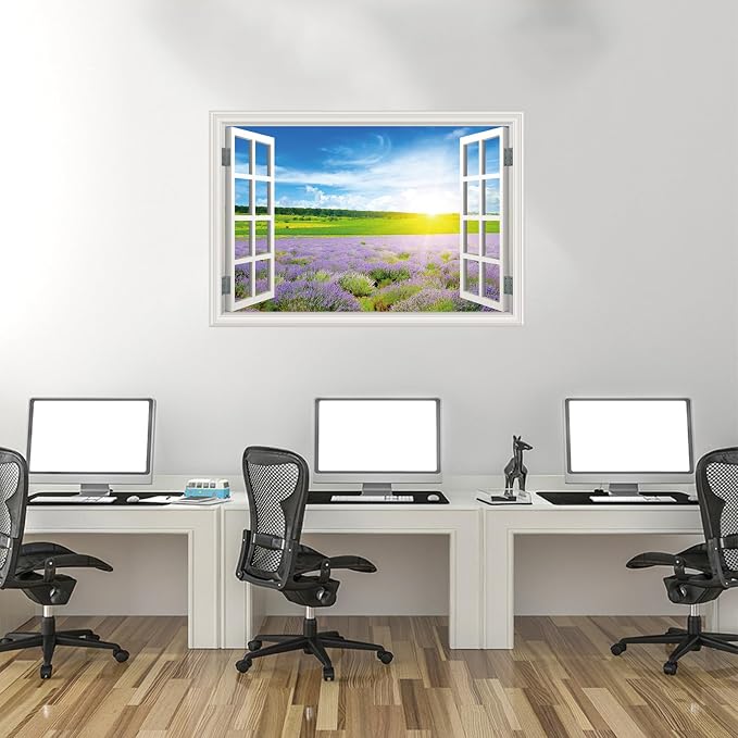 Fake Window Wall Decal- Summer Grassland Lavender Flower Open Wall Sticker | Faux Window Natural Scenery Landscape Mural｜Stick and Peel Wall Decals｜for Room Office Scene Decor｜48"x32",Set of 2 Sheets - Image 7