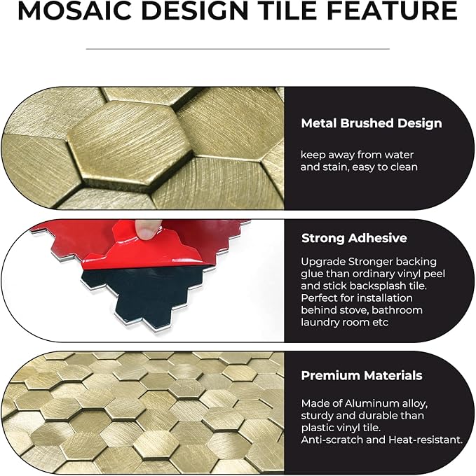 STICKGOO Peel and Stick Backsplash Tiles, Stick on Mosaic Self Adhesive Tiles, 3D Hexagon Backsplash for Kitchen Bathroom Fireplace Vanity (8PCS, Gold) - Image 4