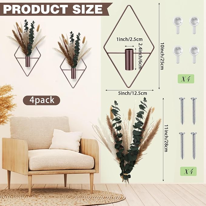 Jexine 8 Pcs Hanging Artificial Planters Wall Decor, Bronze, Pampas | Bathroom Wall Decor, Geometric Metal Vase, Indoor Plants, Living Room, Home Office, Entryway, Boho Accent, Wall Mounted - Image 2
