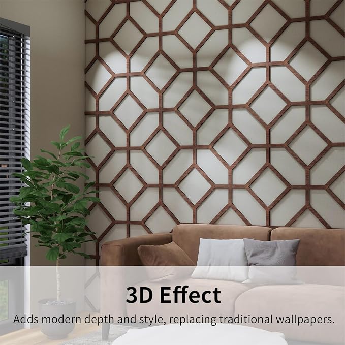 8PCS PVC Modular Decorative Fretwork Wall Panels for Living Room Lobby Bedroom, Cross Grid-Walnut Faux Walnut Wood Texture - Image 5
