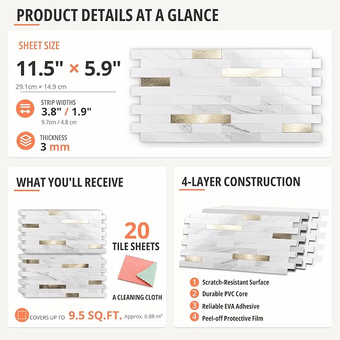 StyloVue 20 Sheets Peel and Stick Backsplash for Kitchen, Sparkle White Marble Look with Gold Metal, Glossy Finish, Stick on Tile for Kitchen Backsplash, RV, Fireplace - Image 5