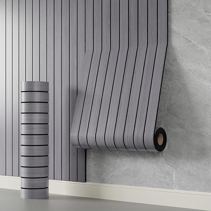 YLL YLL PVC Slat Wall Panel Peel and Stick 236"x 15.7" Faux Grey Wood Grain Slat Panel Self-Adhesive Wallpaper Soundproof 3D Wall Panels by YLLYLL