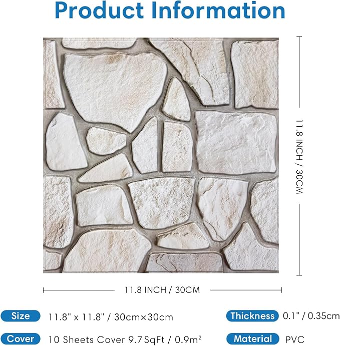 COMSTICKC 3D Peel and Stick Faux Stone Wall Panels for Quick DIY Wall Decor | Beige, 10 Pcs 11.8" x 11.8", Not Real Stone, Lightweight Thin PVC Decorative Tiles Wall Sticker Wallpaper, Cover 9.7 sq ft - Image 5