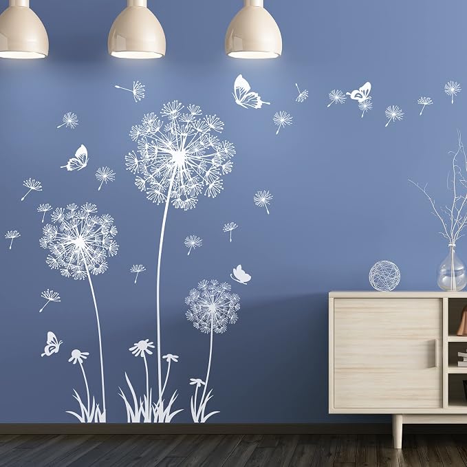 Dandelion Wall Decals Removable Flower Wall Stickers Peel and Stick Floral Butterfly Murals Dandelion Party Decoration for Bedroom Living Room Sofa Backdrop TV Dandelion Wall Decor (White) - Image 6