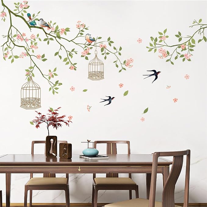 Arawat 2 Set Cherry Blossom Peel and Stick Wall Decals - Flower Bird Tree Stickers, Large Floral Murals for Living Room, Bedroom, Bathroom - Roommates Vinyl Art - Image 3