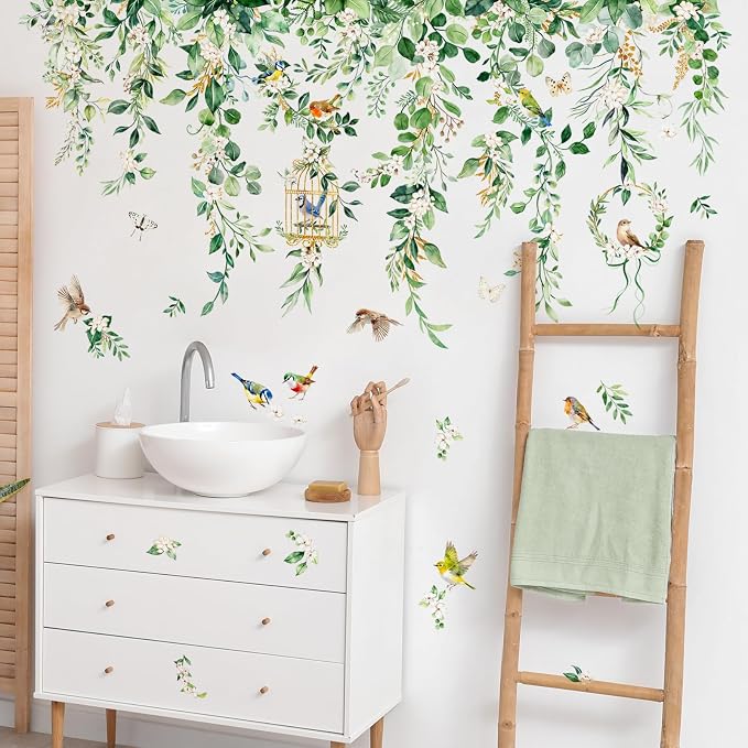 Supzone Hanging Vine Leaves Wall Decals - 45" x 28" Green Eucalyptus Leaves Flowers Birds Vinyl Wall Stickers for Living Room Bedroom TV Sofa Backdrop Decor - Image 5
