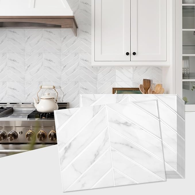 STICKGOO Herringbone Peel and Stick Backsplash, White Marble, 10 Sheets | 12.6 x 9.7 in, Thicker Rectangular Vinyl Stick-On Wall Tiles, Easy Alignment, Waterproof, Easy to Clean, Kitchen/Bathroom by STICKGOO