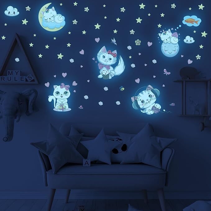 Glow in The Dark Stars for Girl's Room, Glowing Cats Cartoon Wall/Ceiling Decals, Kitten Butterflies Stickers for Kids Bedroom, Luminous Wall Decor for Nursery (Blue) - Image 3