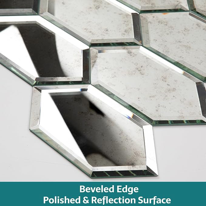 Peel and Stick Beveled Mirror Tile, Mirror Backsplash Tiles for Kitchen Bathroom Wall 4x6 Inch Long Hexagon Light Antique 30 Pcs, 4.8 SQ.FT - Image 4