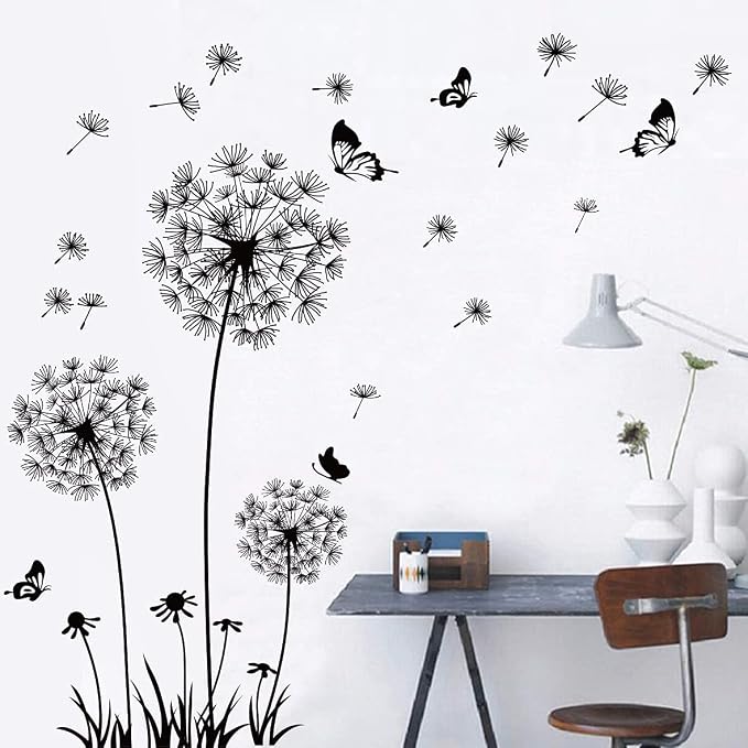 Runtoo Black Dandelion Wall Art Stickers - Large Flower Butterfly Wall Decals for Bedroom & Living Room - Image 2