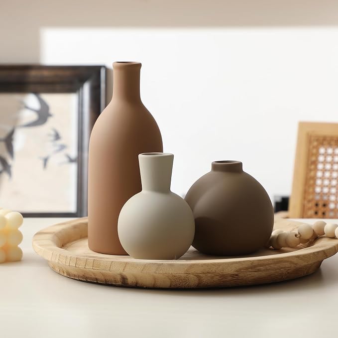 Ceramic Vase Set of 3, Vases Home Decor Rustic Farmhouse Decorative Vase Pottery Vases for Bouquet Pampas Grass Dried Fresh Flowers, Table Living Room Kitchen Bedroom Bathroom - Brown - Image 7