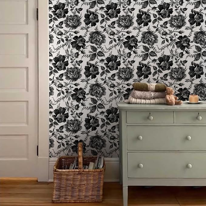 Black and White Peony Floral Rose Vintage Flowers Modern Peel and Stick Wallpaper Wall Decor Self Adhesive Wall Paper Stick on Easy Peel Off Contact Paper for Renter Bedroom Apartment - Image 3