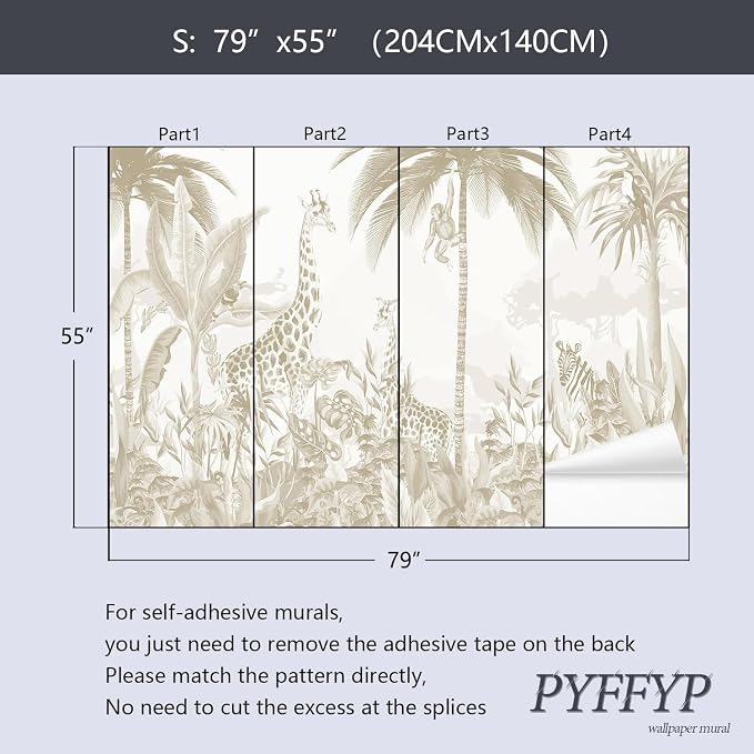 PYFFYP-Safari Jungle Peel and Stick Tropical Wallpaper murals for Nursery | Kids room,Self adhesive paper,79" x 55" - Image 4