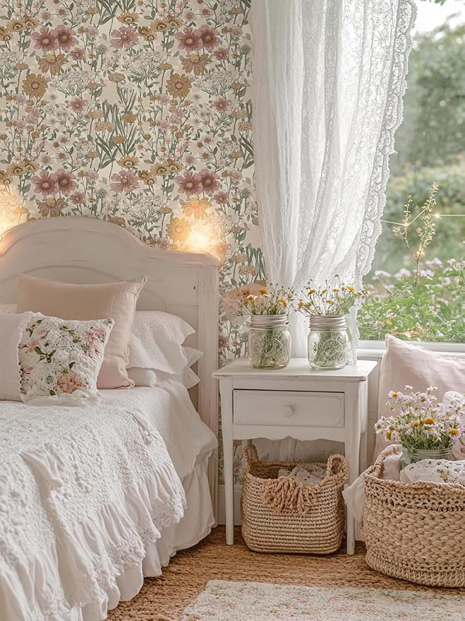 Orainege Peel and Stick Wallpaper Daisy Floral Wallpaper | 16.9in x393.7in Boho Floral Contact Paper Self Adhesive Removable Wall Paper for Bedroom Living Room Decor Vinyl Roll - Image 2