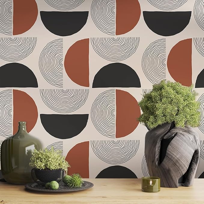 Boho Geos 01 Vinyl Wallpaper, Geometric Circles Retro Art for Renter Bedroom Apartment, Easy Peel and Stick, 17.7x118.1in, Brown/Black/Grey, Furniture Surface Recommendation - Image 2