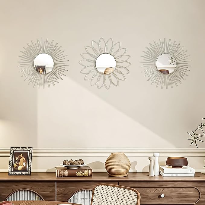 3 Pack Metal Mirrors for Wall Sunburst Wall Mirrors Home Décor Decorative Hanging Wall Art for Living Room Bedroom Entryway (Silver2, Flower+Sunburst) - Image 7