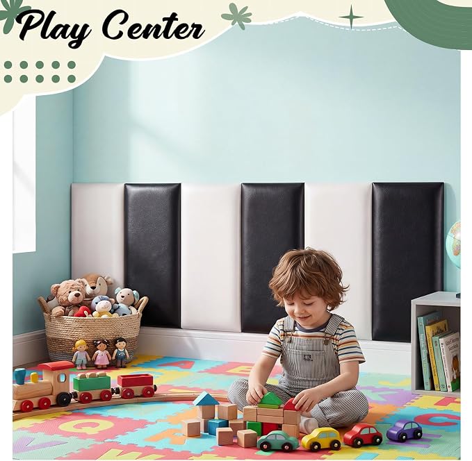 Hahafelt 6 Pack Wall Padding for Playroom Peel and Stick Headboard 15.7" × 7.9" × 1.2" 3D Anti Collision Upholstered Wall Panels Self Adhesive Headboard (Minimalist Black and White) - Image 2