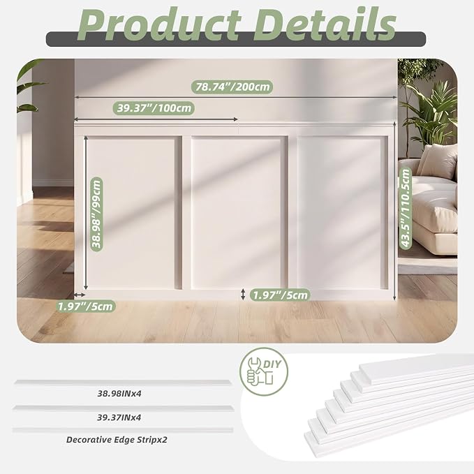 Board and Batten Wall Panel Kit Wainscoting Panels White, 10-Piece Set Paintable Wall Panels for Interior Wall Decor Cover 39 x 79 Inch, Wall Panel Kit for Bedroom Living Room Office Home Decor - Image 2