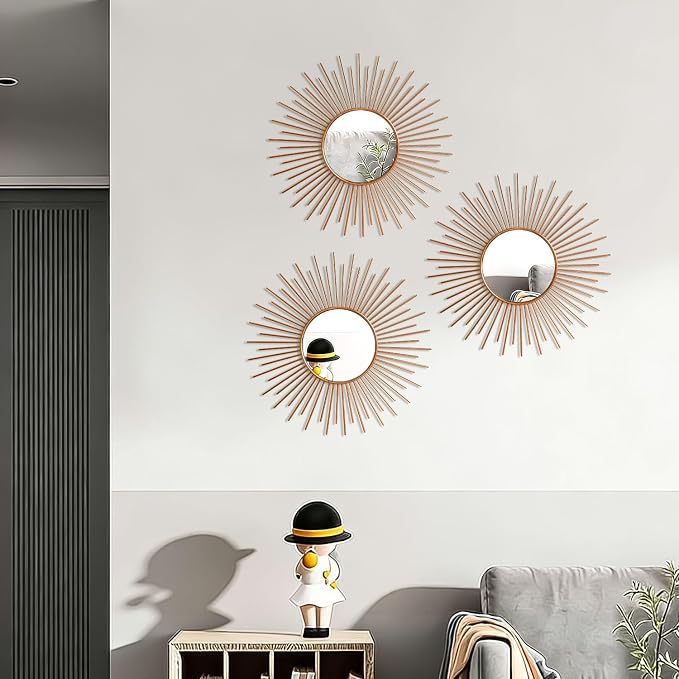 3 Pack Metal Mirrors for Wall Sunburst Wall Mirrors Home Décor Decorative Hanging Wall Art for Living Room Bedroom Entryway (Rose Gold2, Sunburst) - Image 4