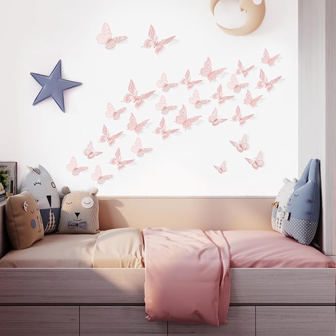 SAOROPEB 3D Butterfly Wall Decor 48 Pcs Pink Butterfly Decorations | 4 Styles 3 Sizes, Birthday Decorations Pink Room Decor Butterfly Party Decorations Cake Decorations, Removable Wall Stickers - Image 4