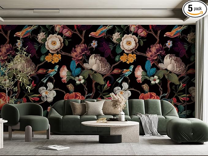Zeeko Vintage Black Floral Peel and Stick Wallpaper Mural, 148" x 98" | Large Flower Art Deco Wall Murals, Ideal for Bedroom TV Background Wall Paintings, Home Decor by Zeeko