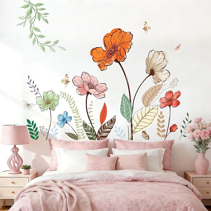 Flower Wall Decals Large Boho Wall Stickers - Wildflower Floral Spring Wall Art Decals Wall Decor Peel and Stick for Living Room Bedroom TV Wall - Image 3