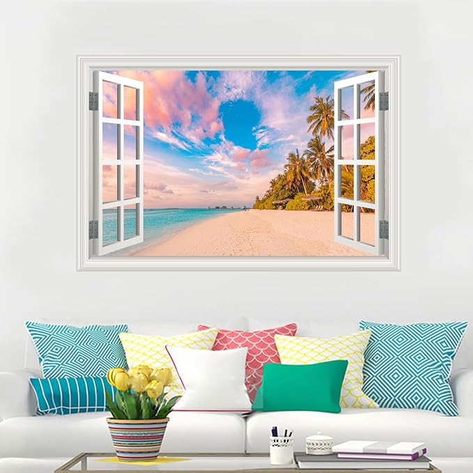 Fake Window Wall Decal - Summer Beach Seascape Ocean Scene Art Sticker | ｜Faux Window Natural Scenery Landscape Mural ｜ Stick and Peel Wall Decals｜for Room Bedroom Office Scene Picture Decor｜24"x16" - Image 2