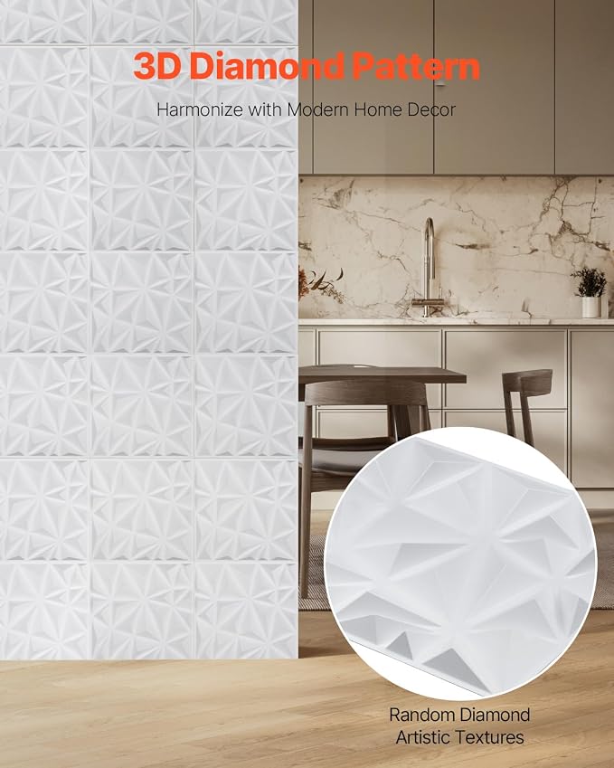 VEVOR 3D Wall Panels, 33-Pack 11.81 x 11.81 in PVC Modern Art Minimalist Diamond Tiles, 32 Sq.Ft Coverage Accent Wall Panel, Interior Home Decor for Ceiling, Bedroom, Living & Gaming Room, Matte White - Image 2