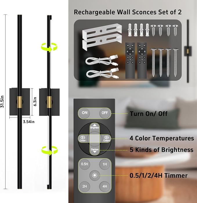 iThird Battery Operated Wall Sconces Set of 2, 10000mAh, Black | Detachable rechargeable battery, 31.5" wireless lighting for TV wall mirror bedroom or living room decor - Image 2